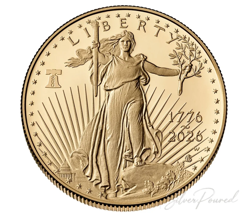 1776–2026 Liberty Bell 250 Gold Coin obverse concept featuring Standing Liberty with torch and olive branch commemorating America's 250th anniversary.