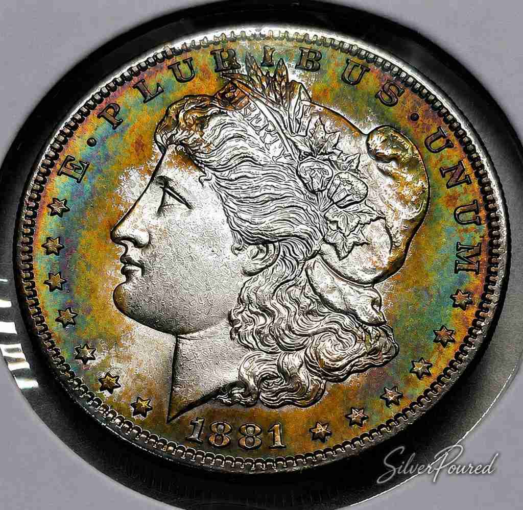 1881 Morgan Silver Dollar with natural rainbow toning used to evaluate Morgan Dollar value and original surfaces