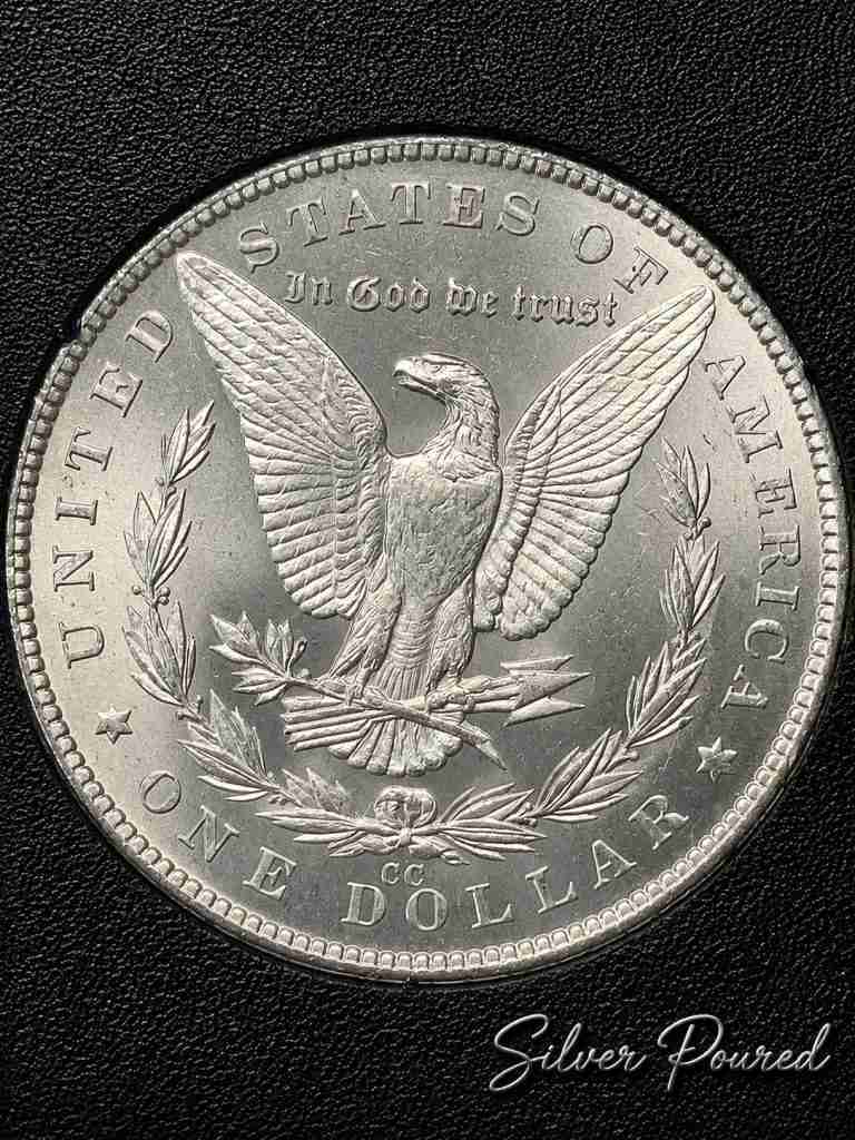 Reverse of an 1882-CC Morgan Silver Dollar from the Carson City Mint originally preserved in GSA government packaging.