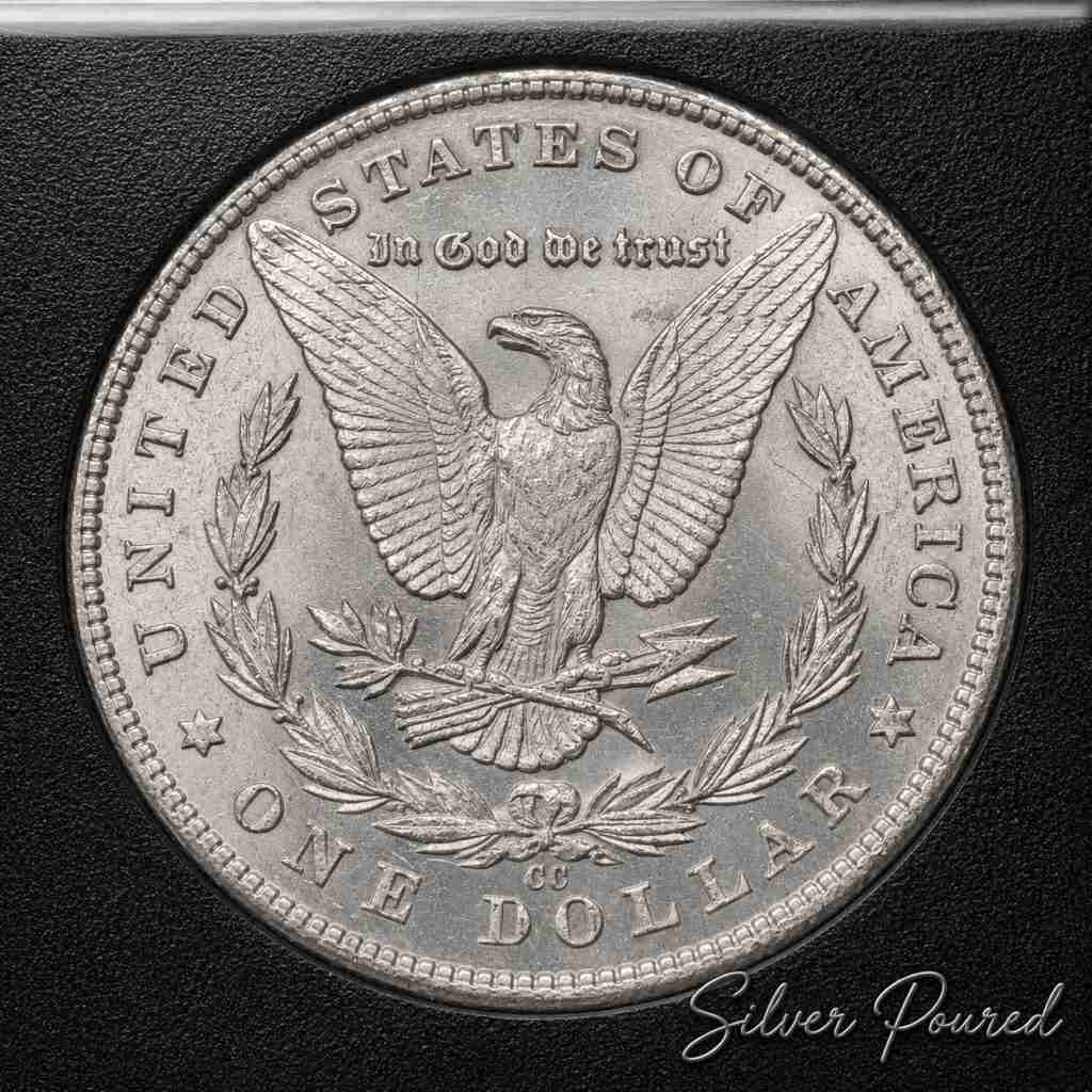 Reverse of an 1883-CC Morgan Silver Dollar VAM-5A with collectible die cracks struck at the Carson City Mint.