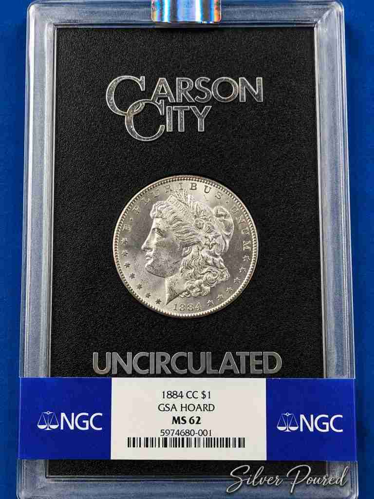 1884-CC Morgan Silver Dollar certified NGC MS62 in a GSA holder from the Carson City Mint.