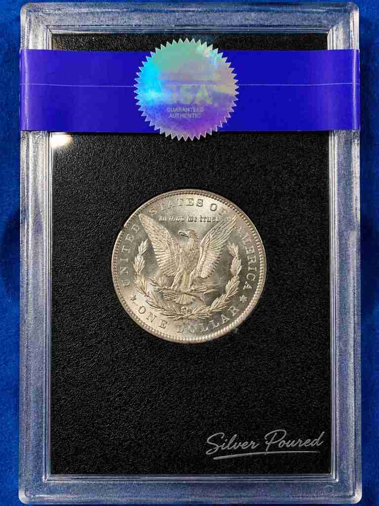 Reverse of an 1884-CC Morgan Silver Dollar certified NGC MS62 in a GSA holder from the Carson City Mint.