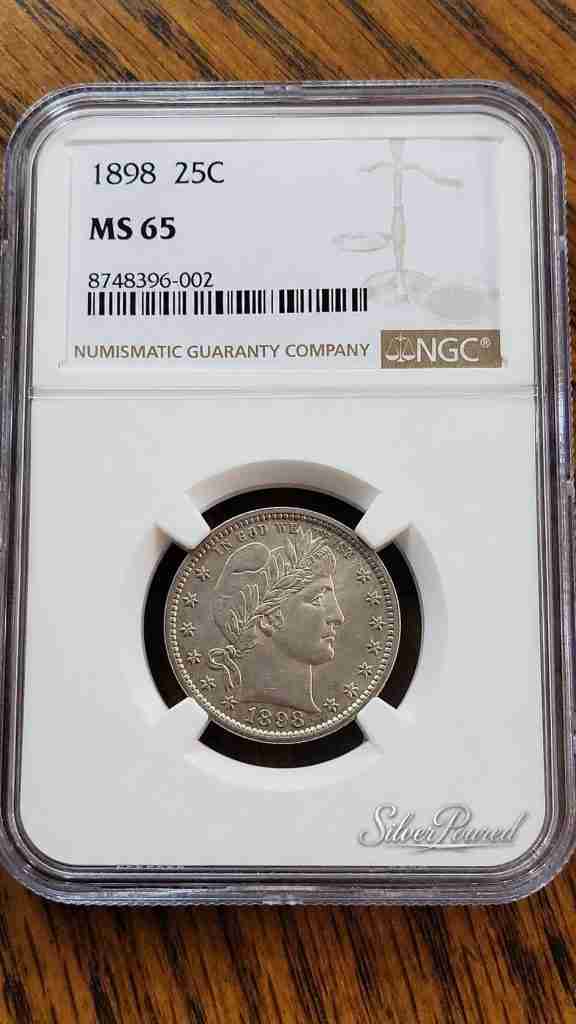 1898 Barber Quarter certified NGC MS65 containing 0.18084 troy ounces of .900 fine silver.