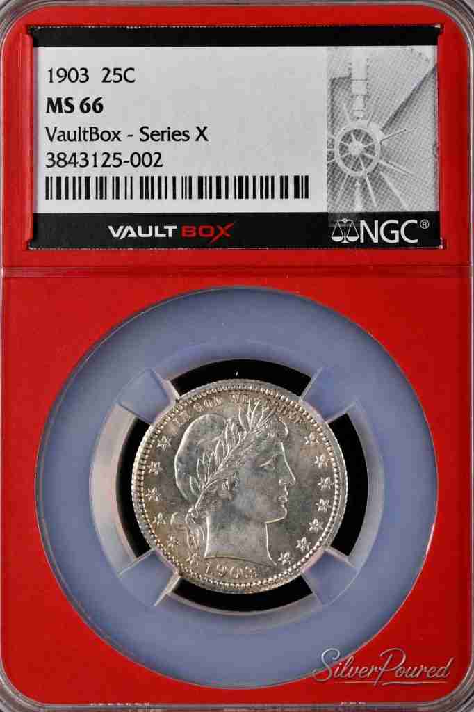 1903 Barber Quarter certified NGC MS66 in a VaultBox Series X holder containing 0.18084 troy ounces of .900 fine silver.