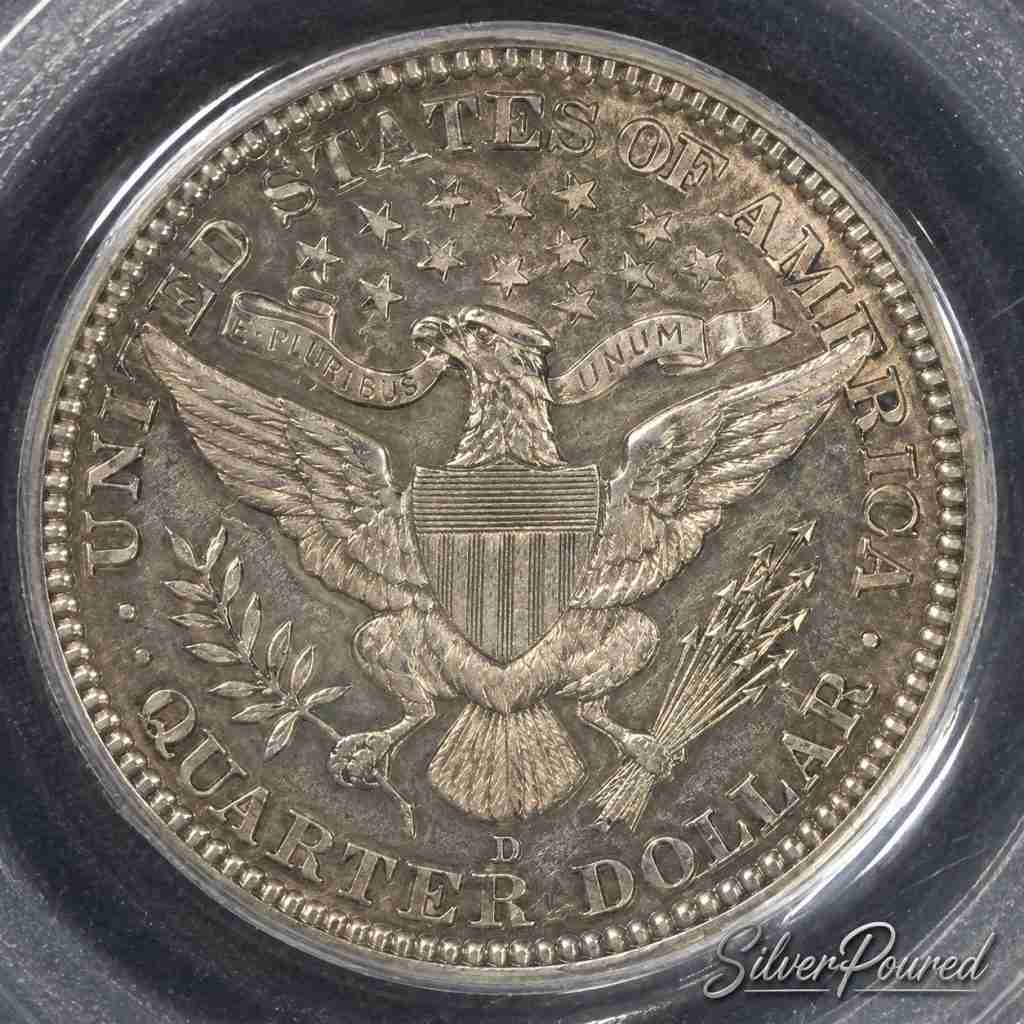 Close-up reverse of a 1911 Barber Quarter certified PCGS MS62 containing 0.18084 troy ounces of .900 fine silver.