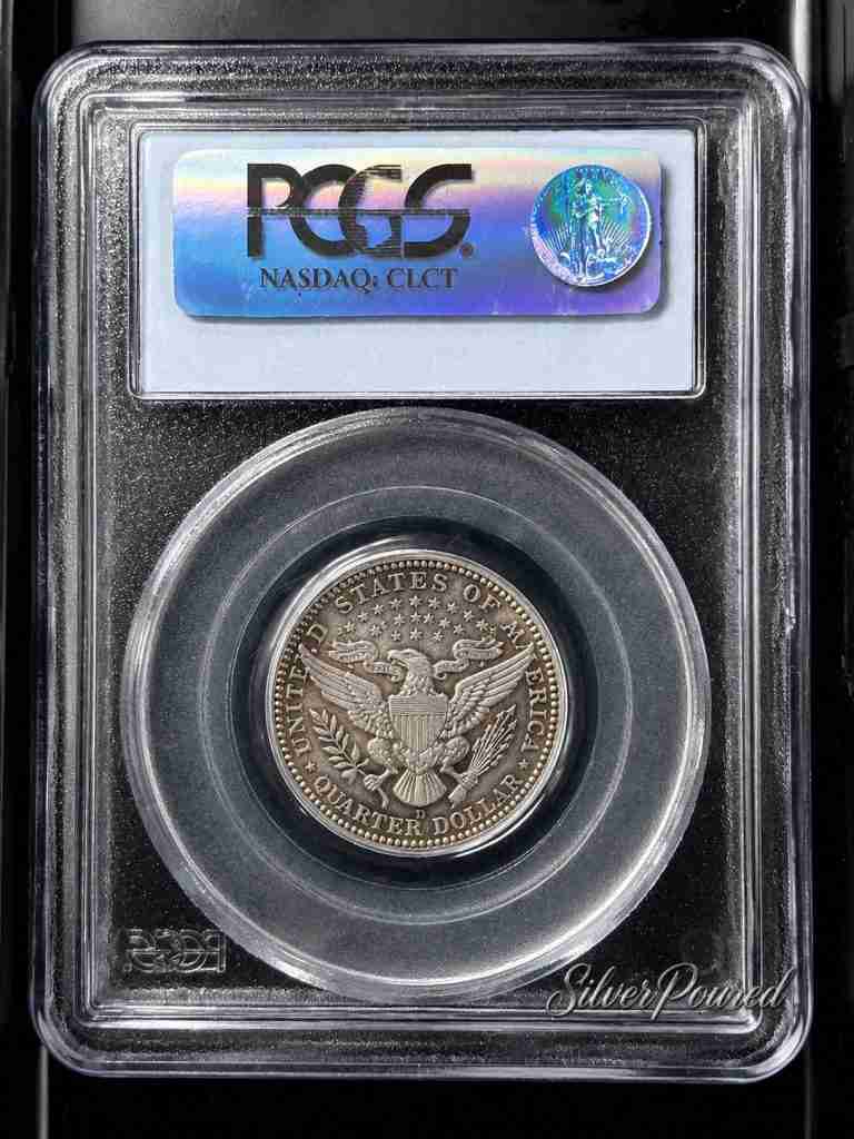 Reverse of a 1911-D Barber Quarter certified PCGS MS62 containing 0.18084 troy ounces of .900 fine silver.