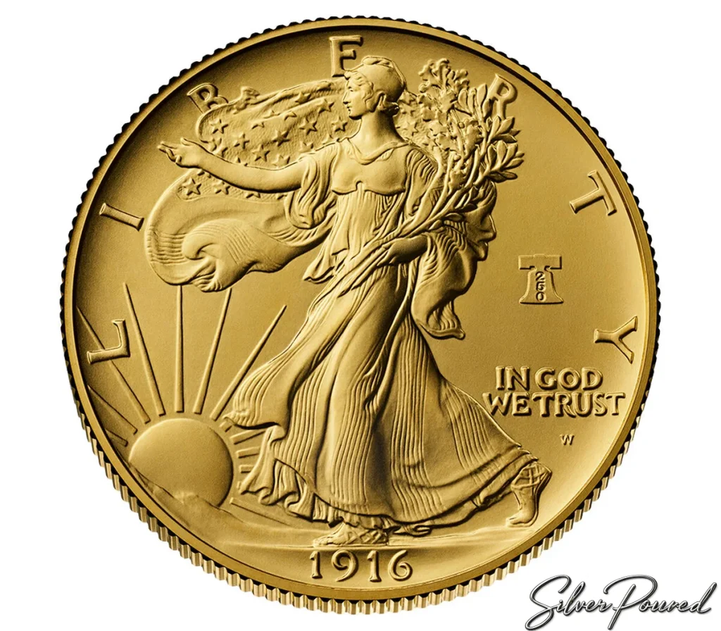1916 Walking Liberty Half Dollar Best of the Mint 24-karat .9999 fine gold coin obverse with Liberty Bell 250 privy mark