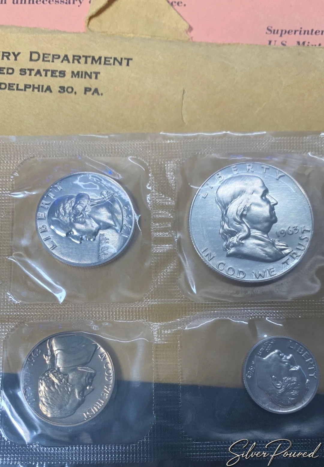 1963 United States Mint Proof Set with Franklin half dollar in original Philadelphia Mint packaging