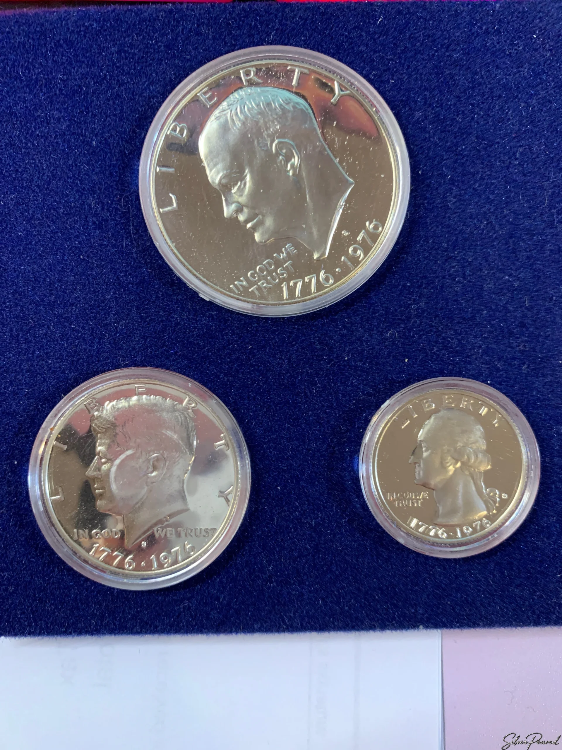 1976 United States Bicentennial three-coin silver Proof Set with Eisenhower dollar Kennedy half dollar and Washington quarter