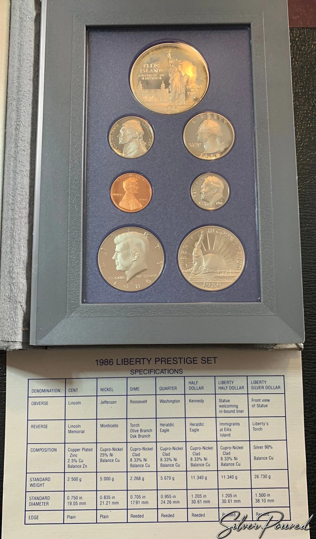 1986 United States Mint Liberty Prestige Proof Set with seven Proof coins and original specifications