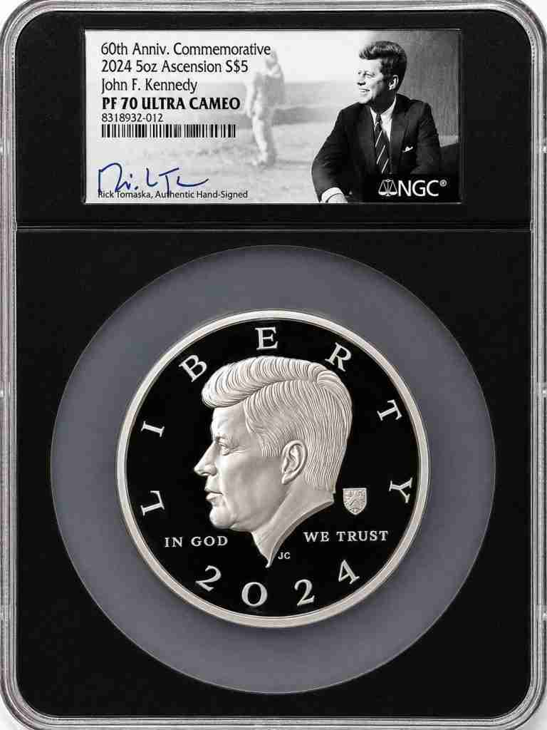 2024 Ascension Island 5 oz silver John F. Kennedy 60th Anniversary commemorative coin NGC PF70 Ultra Cameo signed by Rick Tomaska