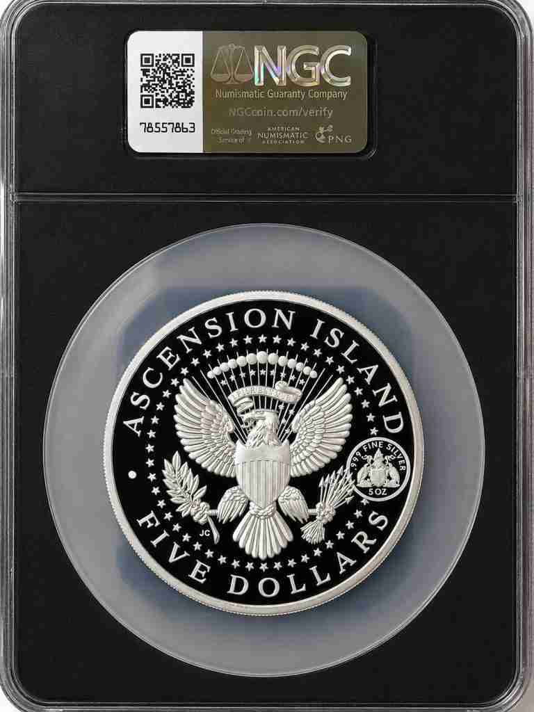 2024 Ascension Island 5 oz silver John F. Kennedy 60th Anniversary commemorative coin reverse certified NGC PF70 Ultra Cameo signed by Rick Tomaska