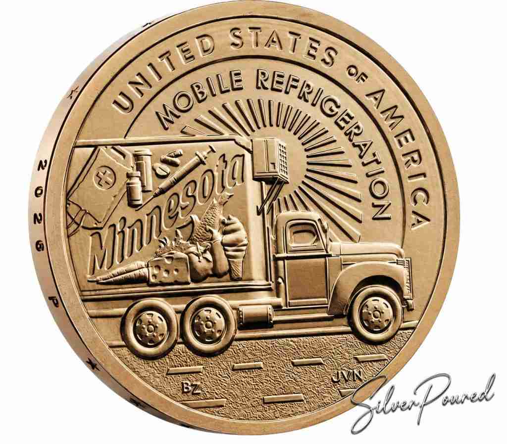 2026 American Innovation $1 Coin reverse honoring Minnesota's mobile refrigeration innovation