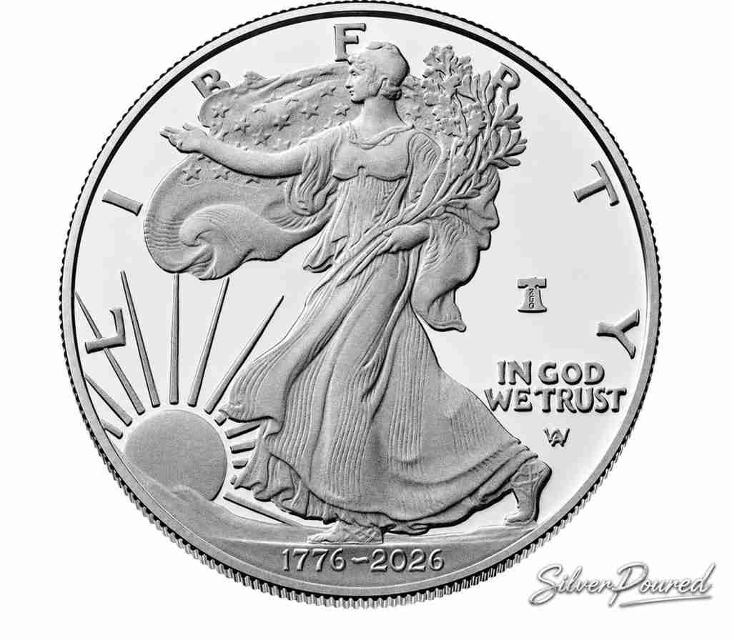 2026 American Silver Eagle one-ounce .999 fine silver proof coin obverse with Liberty Bell 250 privy mark
