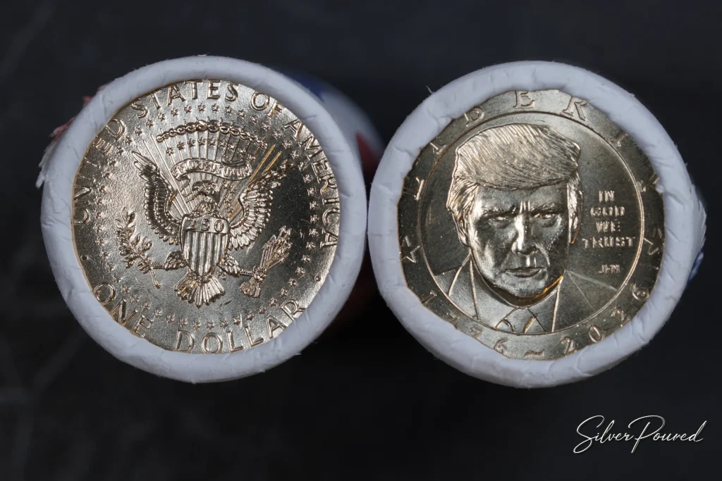 2026 Trump Dollar obverse and Presidential Seal reverse in Mint rolls