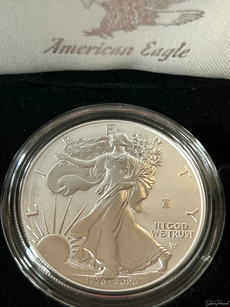 2026 American Silver Eagle Enhanced Uncirculated obverse with Walking Liberty, 1776–2026 dual date, W mint mark, and Liberty Bell 250 privy mark