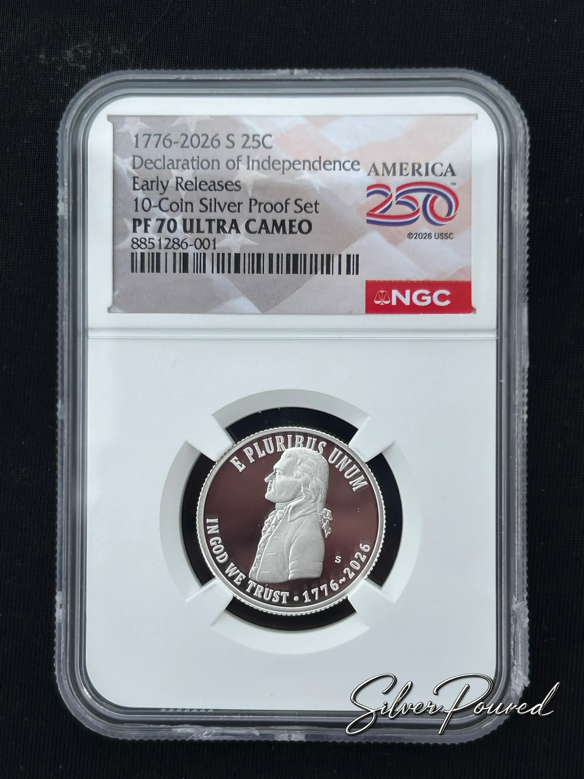 2026 Declaration of Independence Quarter Silver Proof in 99.9% fine silver, NGC PF70 Ultra Cameo obverse featuring Thomas Jefferson