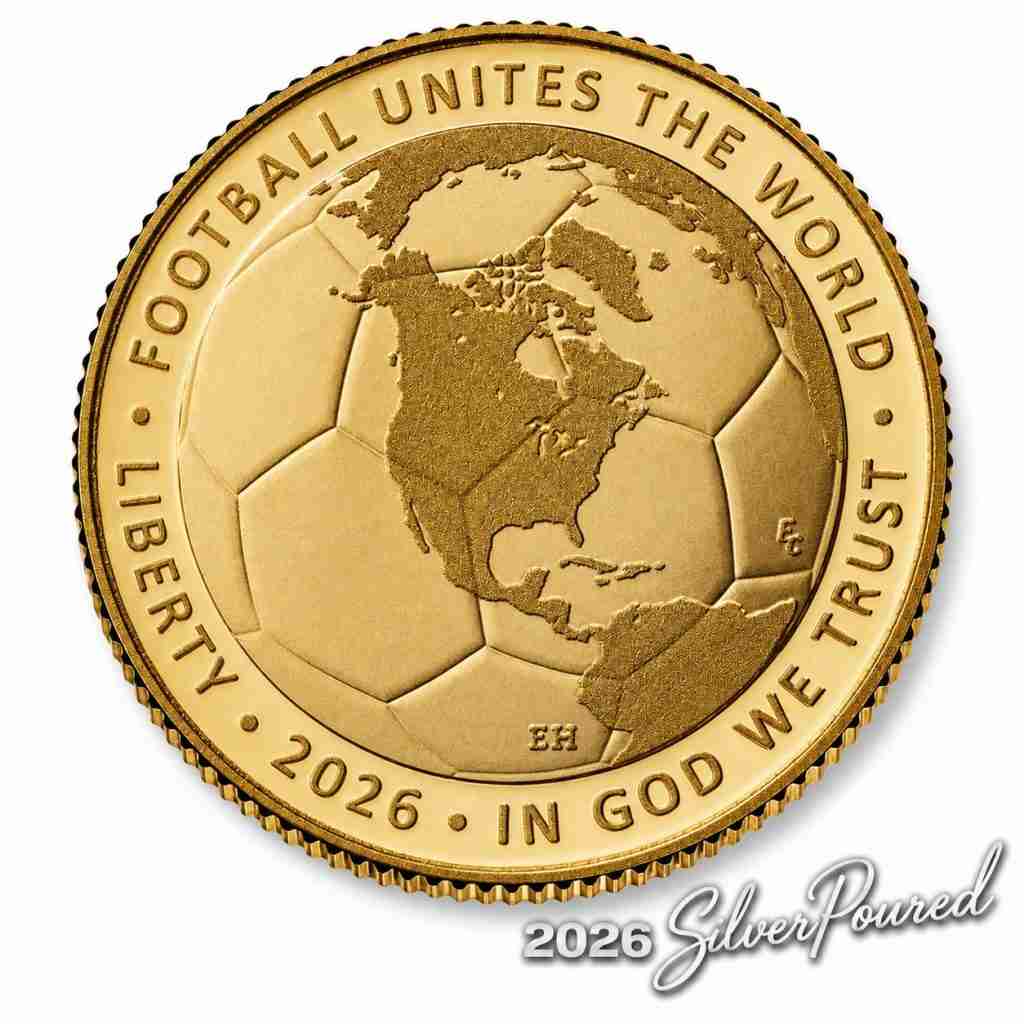 2026 FIFA World Cup Proof Five Dollar Gold Coin obverse concept featuring a globe design with Liberty, Football Unites the World, and In God We Trust inscriptions.