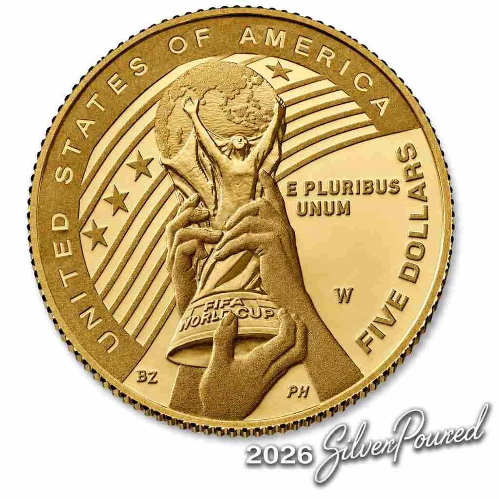 2026 FIFA World Cup Proof Five Dollar Gold Coin reverse concept featuring the Statue of Liberty, United States of America, E Pluribus Unum, and Five Dollars inscriptions.