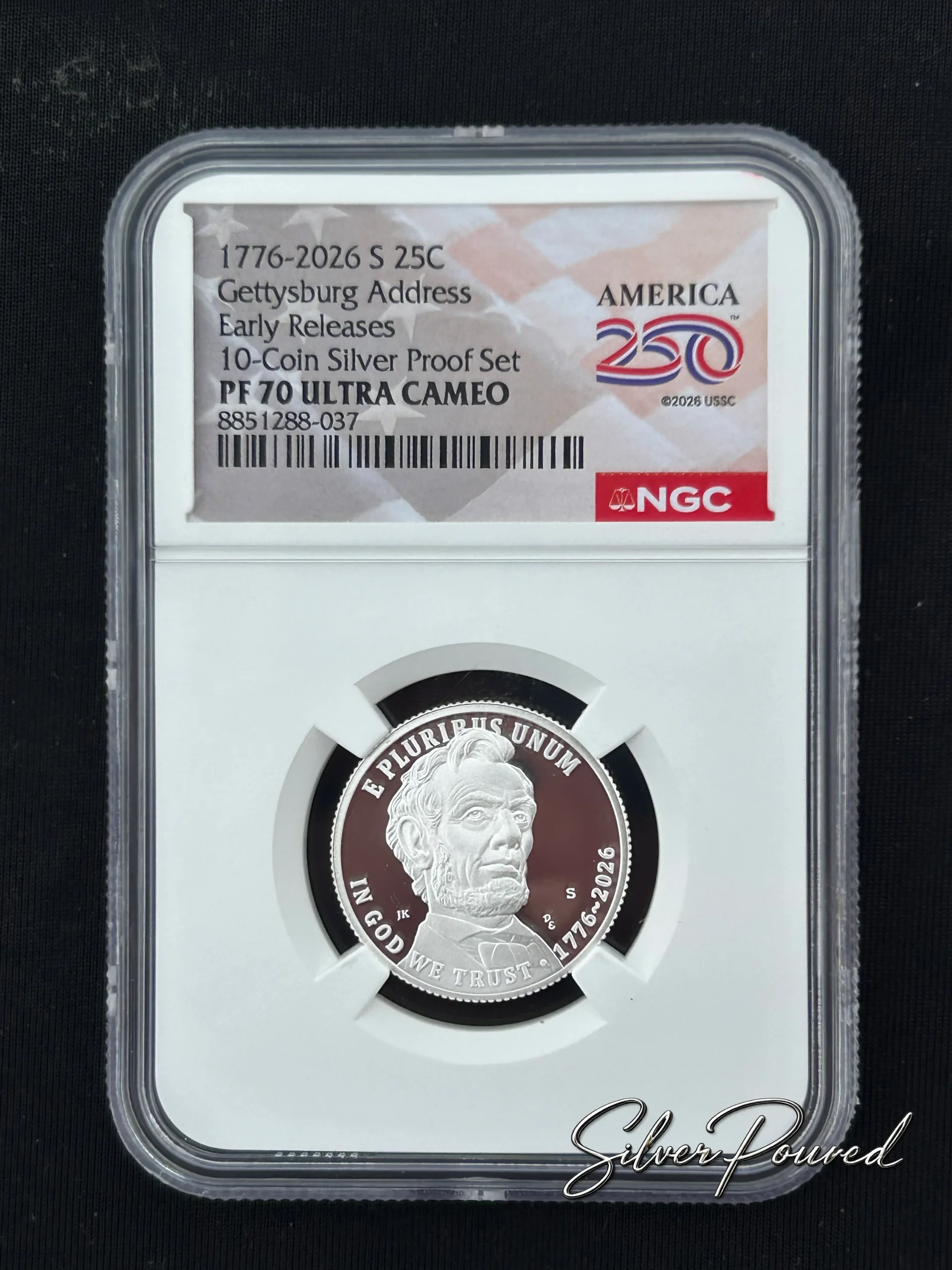 2026 Gettysburg Address Silver Proof Quarter in 99.9% fine silver, NGC PF70 Ultra Cameo obverse featuring Abraham Lincoln