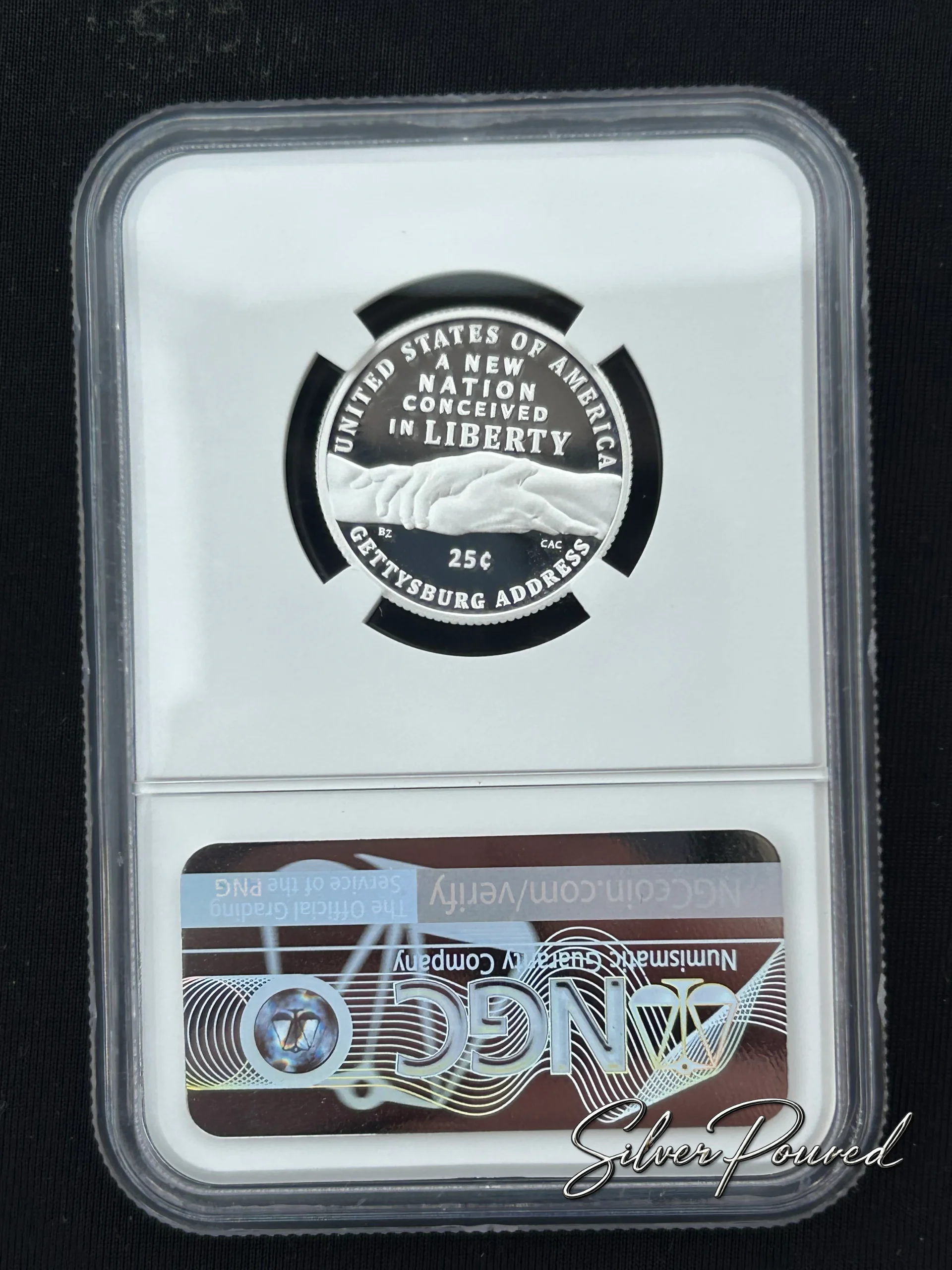2026 Gettysburg Address Silver Proof Quarter in 99.9% fine silver, NGC PF70 Ultra Cameo reverse with grasping hands and Gettysburg Address inscription