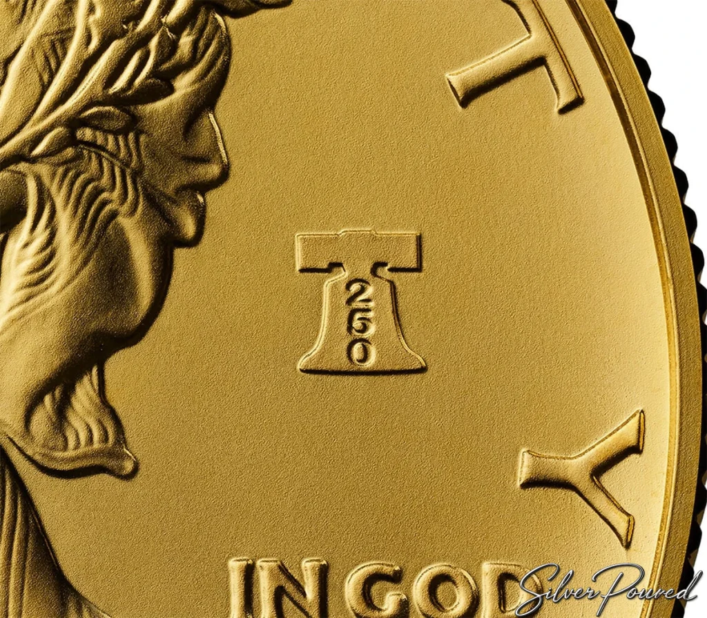 Close-up of the 2026 Liberty Bell 250 Semiquincentennial privy mark on a United States Mint gold coin