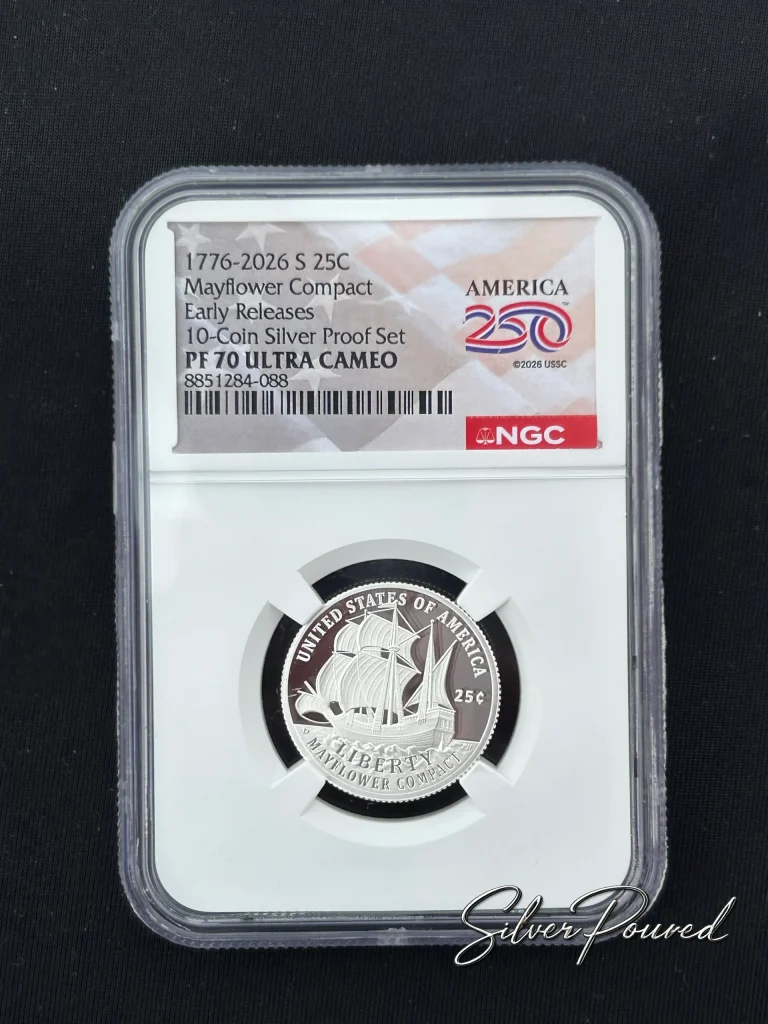 2026 Mayflower Compact Quarter Silver Proof obverse in NGC PF70 Ultra Cameo holder with 1776–2026 dual date