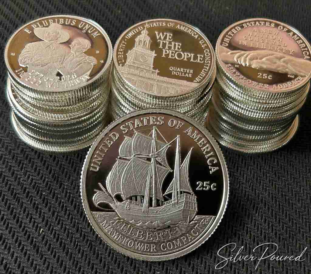 2026 Mayflower Compact silver proof quarter reverse with stacked proof quarters