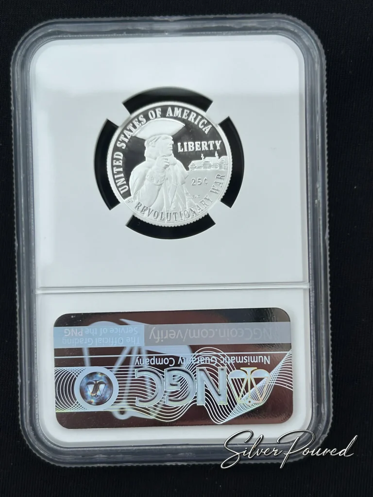 2026 Revolutionary War Quarter Silver Proof reverse in NGC PF70 Ultra Cameo holder featuring Revolutionary War design