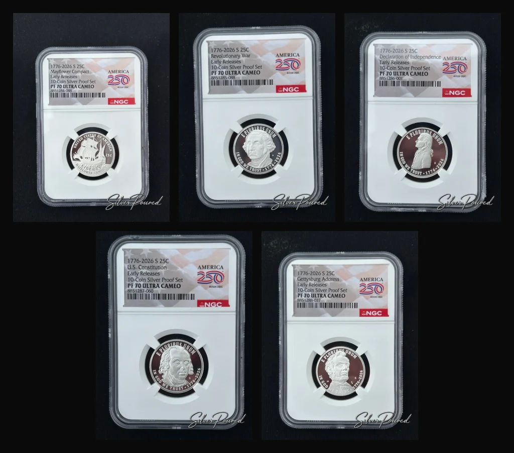 Five 2026 Semiquincentennial Silver Proof quarters certified NGC PF70 Ultra Cameo from the SilverPoured collection