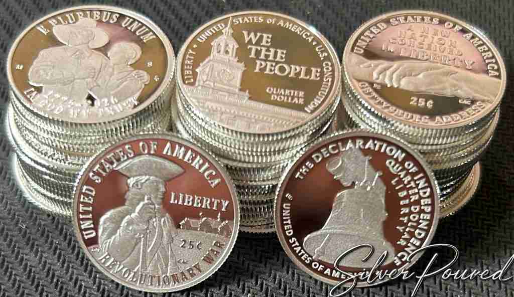 2026 Semiquincentennial quarter program featuring all five commemorative quarter designs in a stacked family presentation
