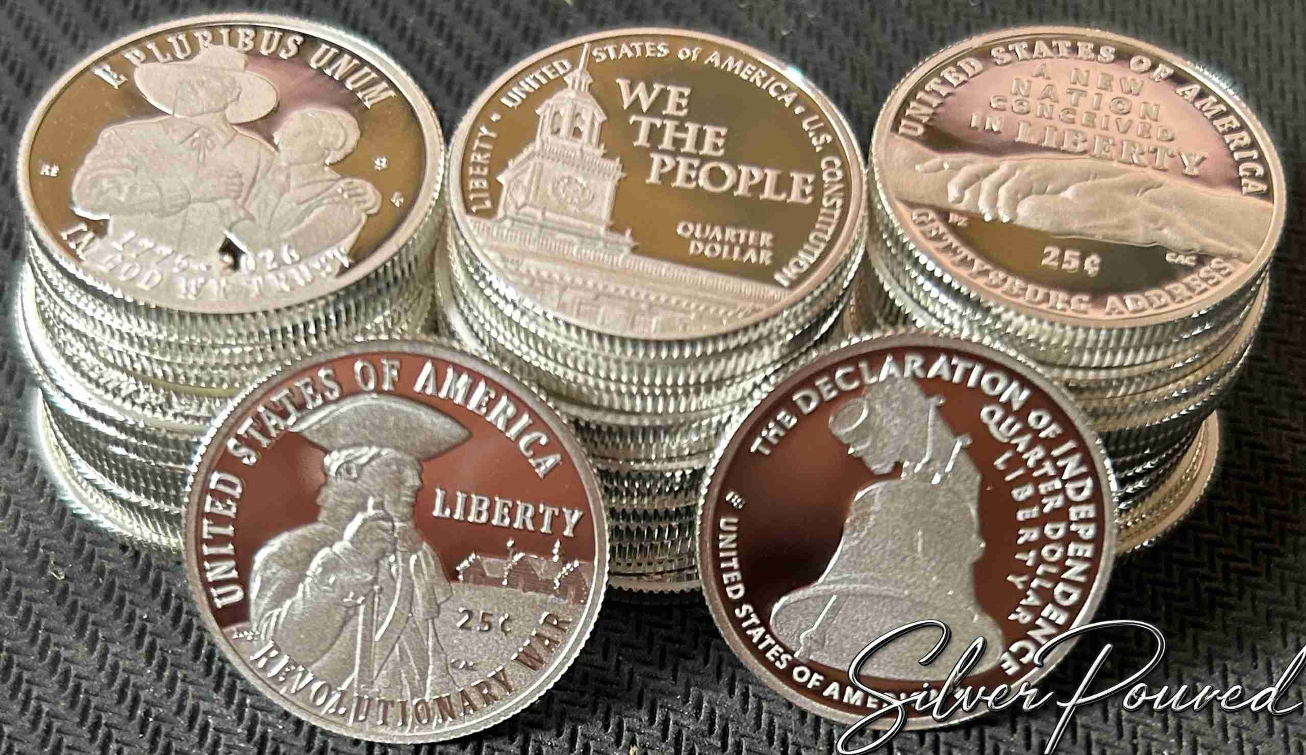 2026 Semiquincentennial quarter program five-design family stack including the Mayflower Compact quarter