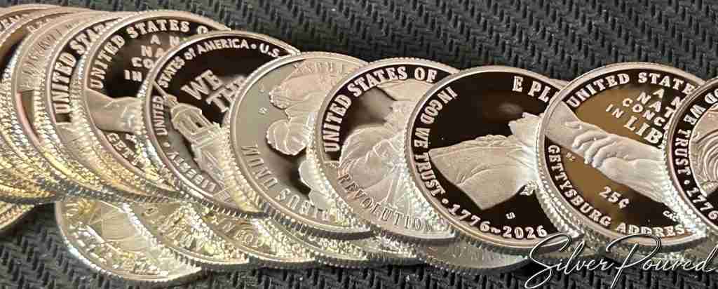 2026 Semiquincentennial proof quarters showing the five quarter designs in a reverse lineup