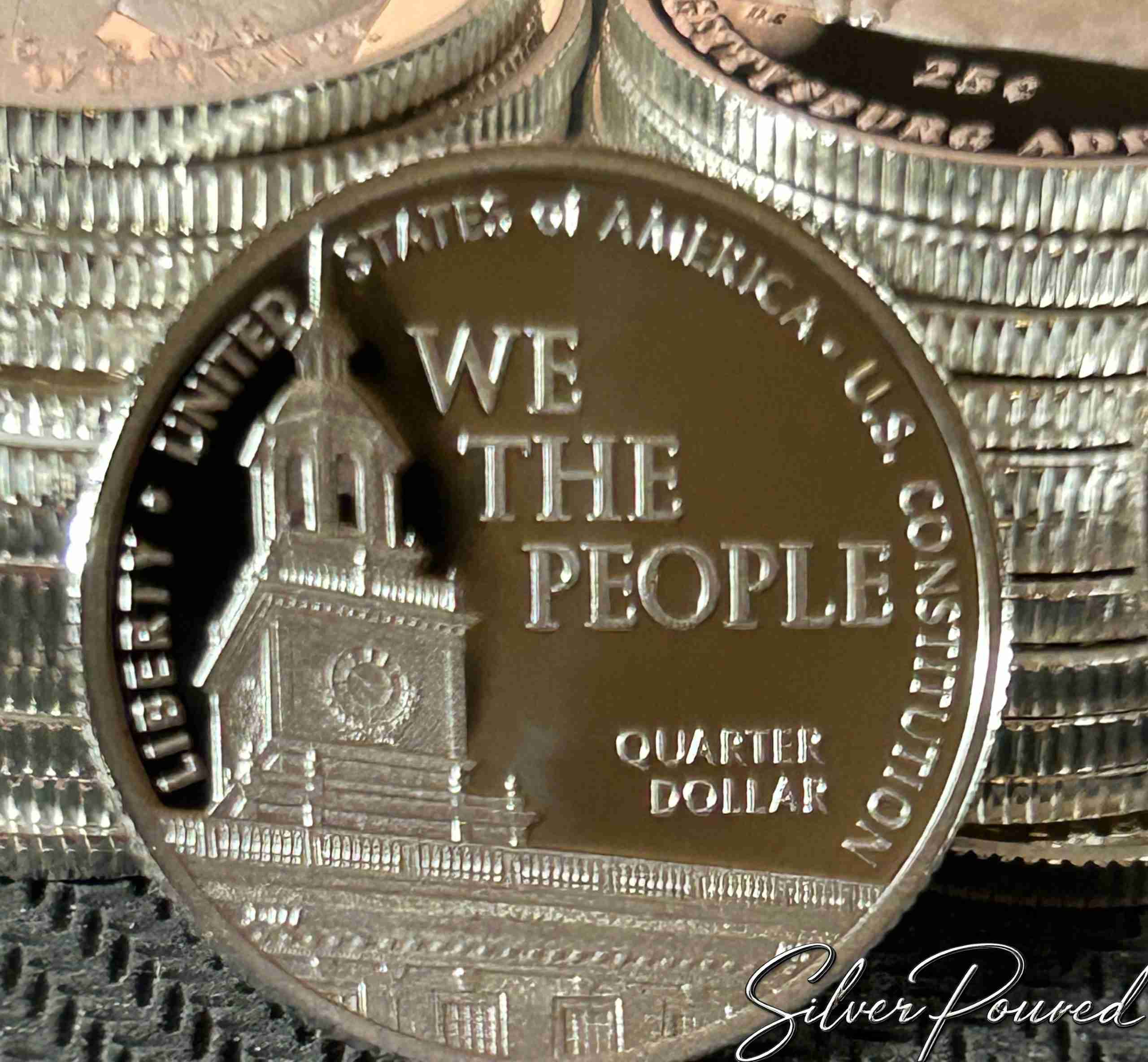 2026 U.S. Constitution Quarter reverse in 99.9% fine silver Proof featuring Independence Hall and WE THE PEOPLE
