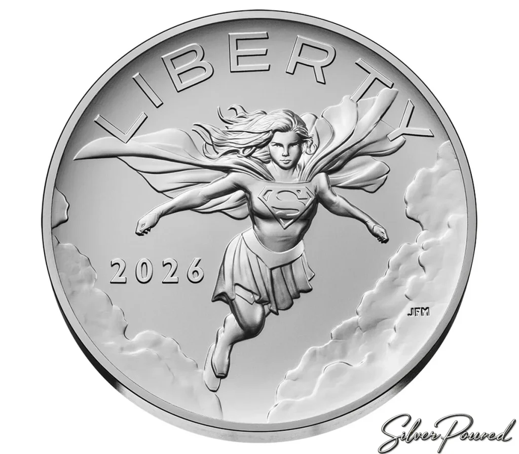 2026 Supergirl 2.5-ounce 99.9% silver medal obverse featuring Supergirl flying with LIBERTY and 2026