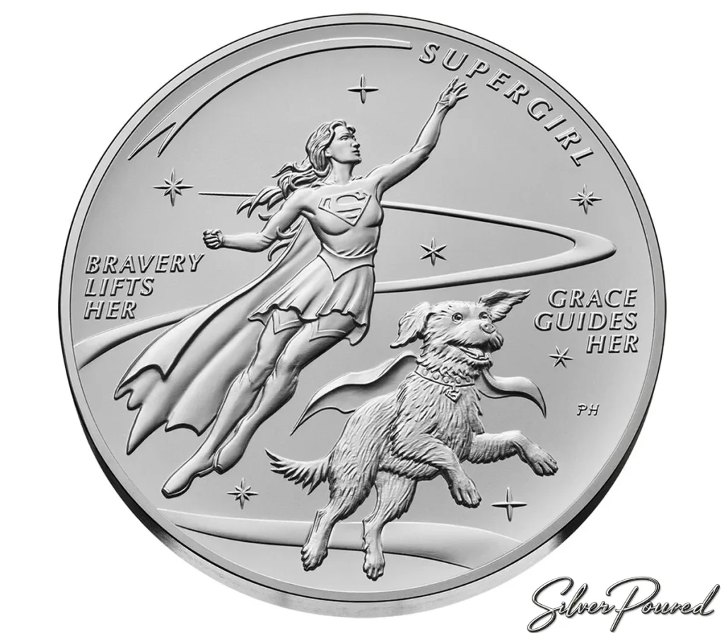 2026 Supergirl 2.5-ounce 99.9% silver medal reverse featuring Supergirl and Krypto with Bravery Lifts Her and Grace Guides Her