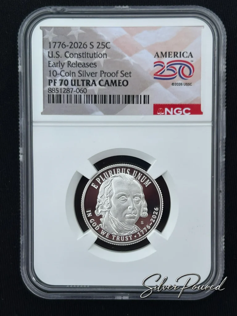2026 U.S. Constitution Quarter Silver Proof obverse featuring James Madison in NGC PF70 Ultra Cameo holder