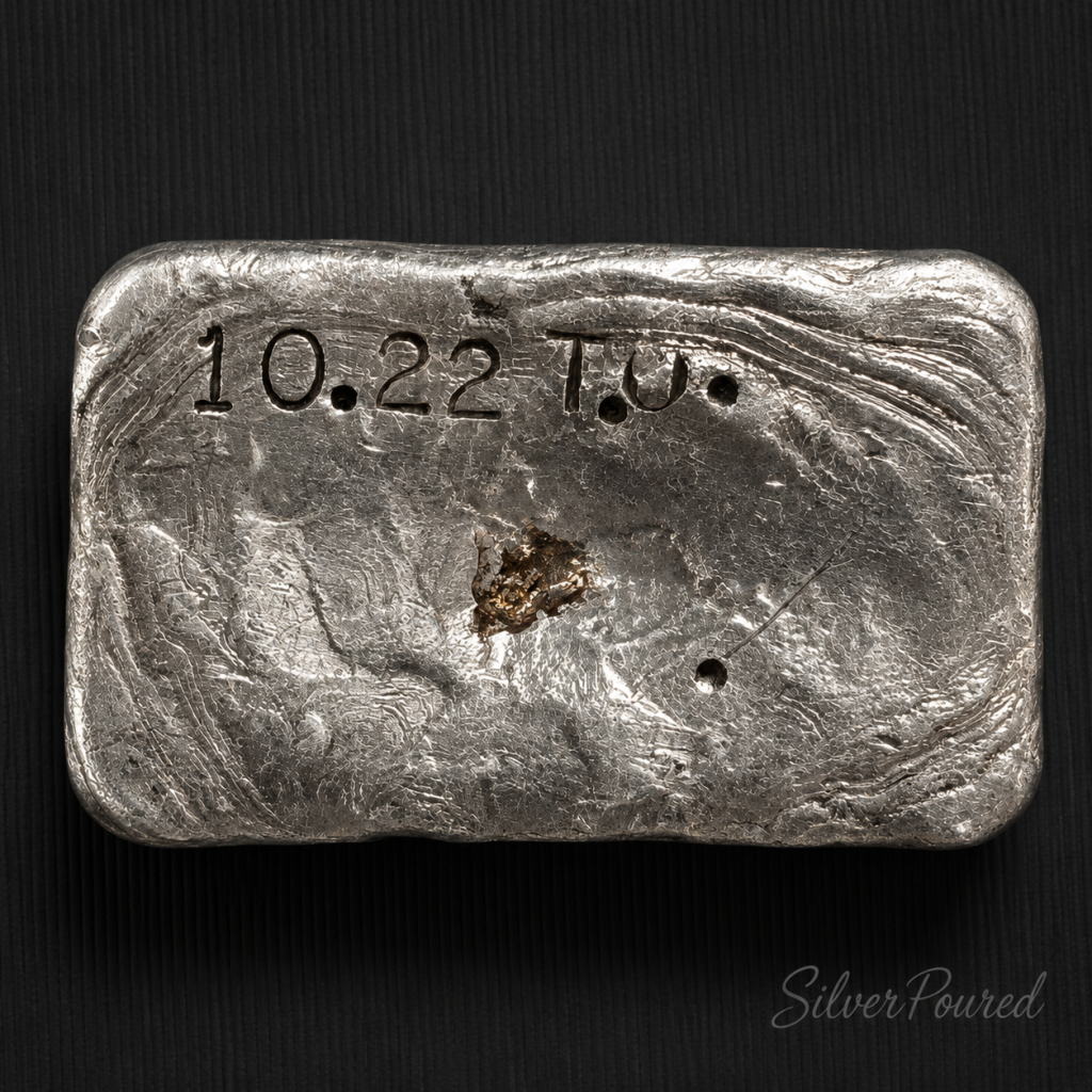 10.22 oz vintage hand-poured silver bar with rustic poured texture on dark background