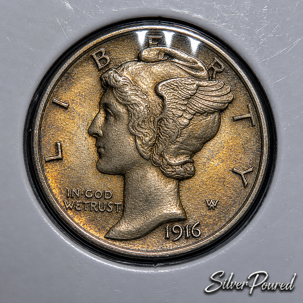 1916 first-year 90 percent silver Mercury dime obverse used for Mercury dime silver value and collector research