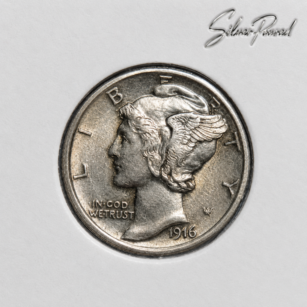 Mercury dime silver value obverse showing 1916 first-year 90 percent silver Mercury dime with Winged Liberty Head design