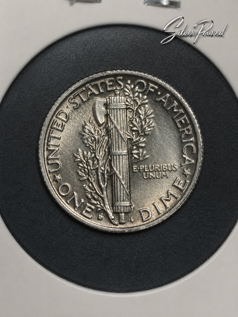 1916 Mercury dime reverse showing the fasces and olive branch on the first-year 90 percent silver issue