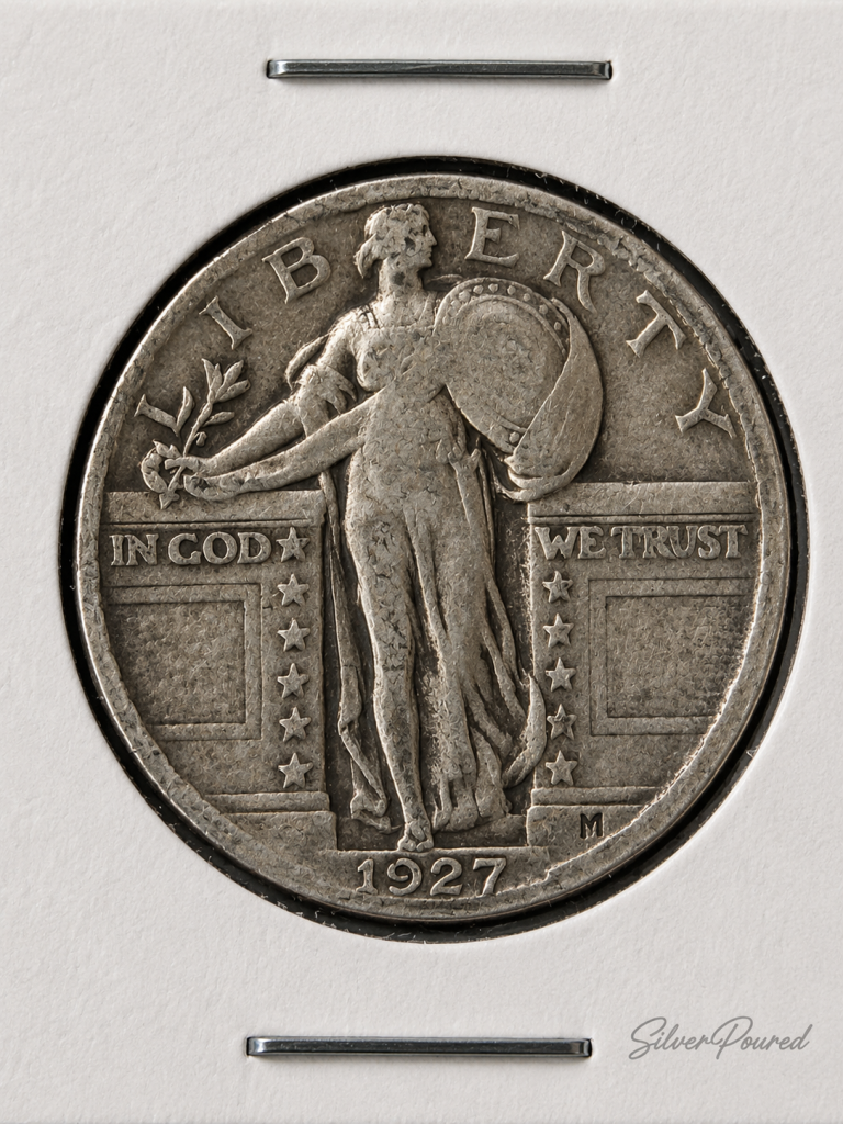 1927 Standing Liberty Quarter obverse 90 percent silver coin front design