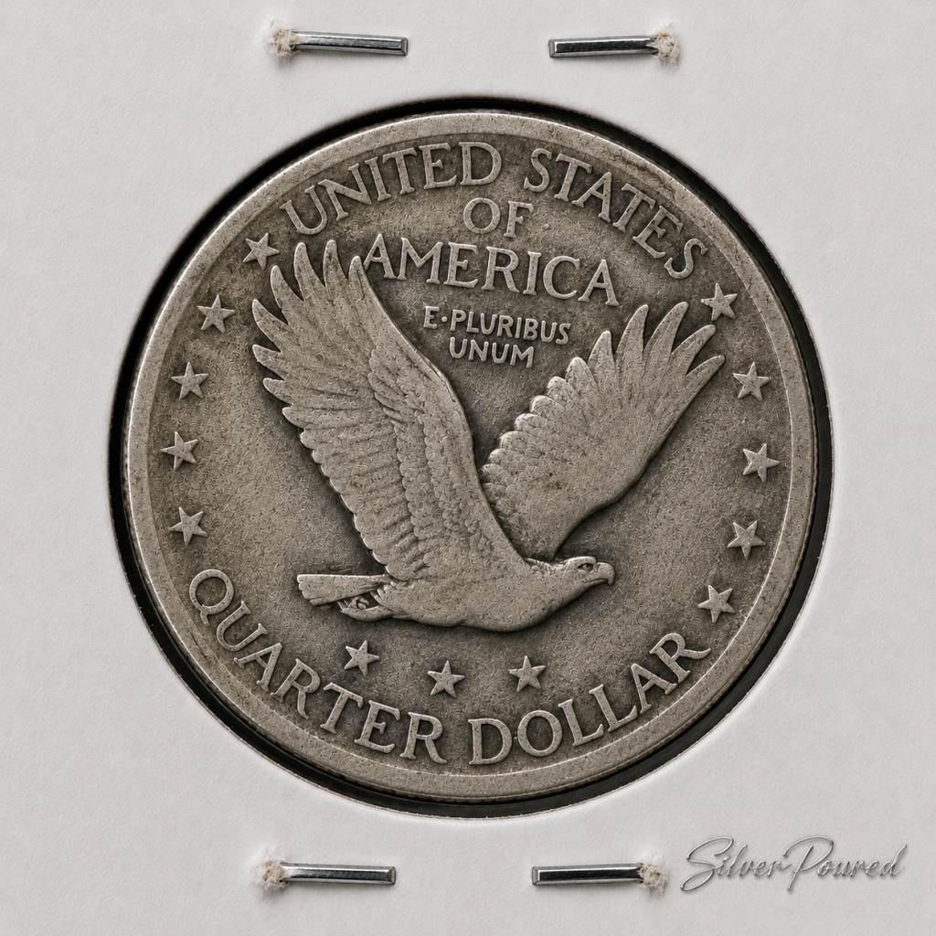 Standing Liberty quarter silver value reverse showing 1927 90 percent silver Standing Liberty quarter reverse design with eagle
