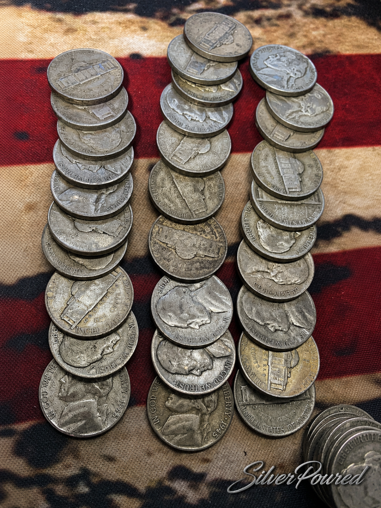 War nickel value comparison showing 1944 and 1945 silver war nickel pile with 35 percent silver Jefferson nickels
