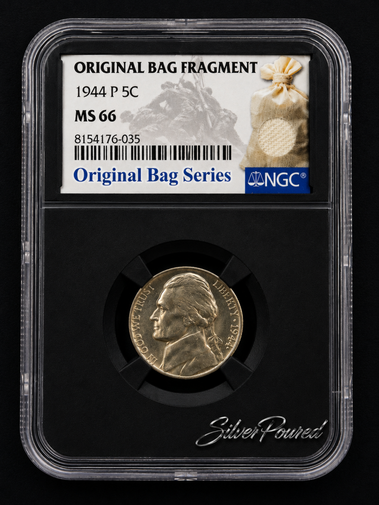 1944 P War Nickel NGC MS66 Original Bag Fragment holder featuring World War II silver alloy Jefferson nickel obverse