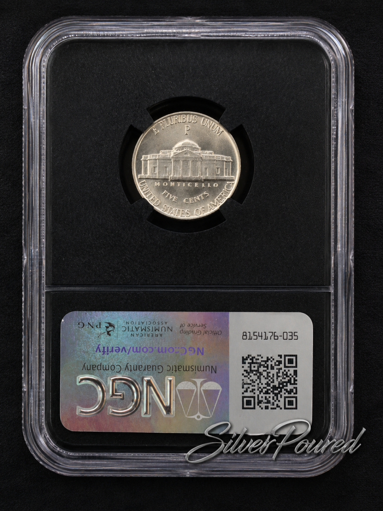 1944 P War Nickel reverse graded NGC MS66 in Original Bag Fragment holder showing Monticello reverse and wartime silver nickel composition