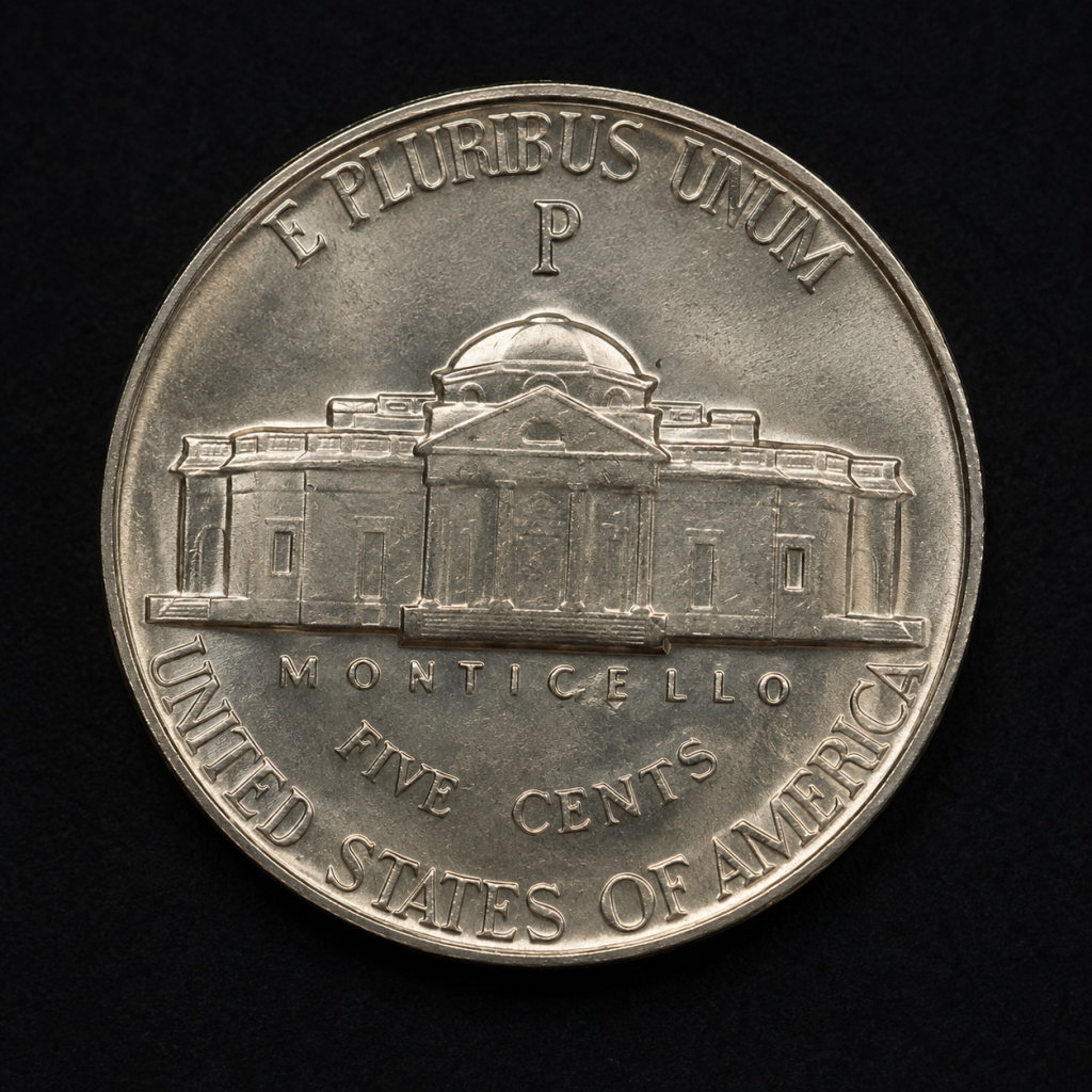 1944-P silver war nickel reverse showing large Philadelphia P mint mark above Monticello