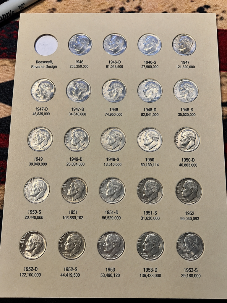 Junk silver value for a Roosevelt dime album page displaying partially completed collection from 1946 through 1953 with mintages printed beneath each coin slot