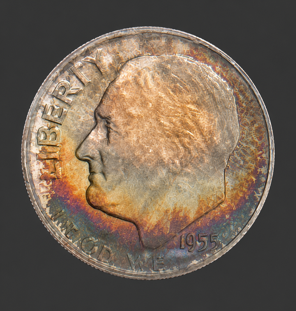1955 Philadelphia Roosevelt Dime Brilliant Uncirculated with natural rainbow toning