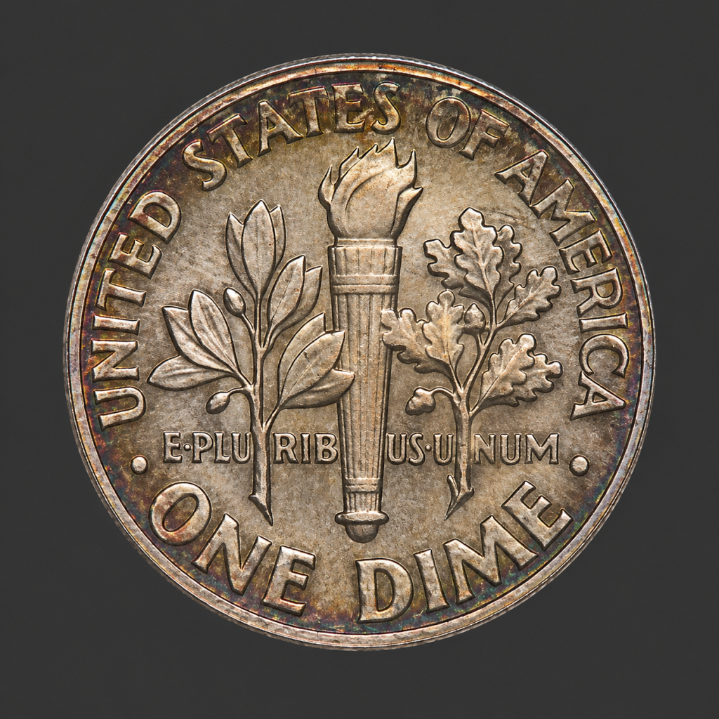 1955 Roosevelt Dime reverse with natural rainbow toning on a Brilliant Uncirculated 90 percent silver coin showing torch, olive branch, and oak branch design